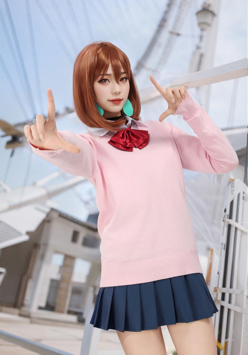 C-ZOFEK Ayase Cosplay Costume Full Set Uniform Outfits Shirts Pullover Skirts Earring for Adult Women Halloween Party (Pink, Large) - Image 5