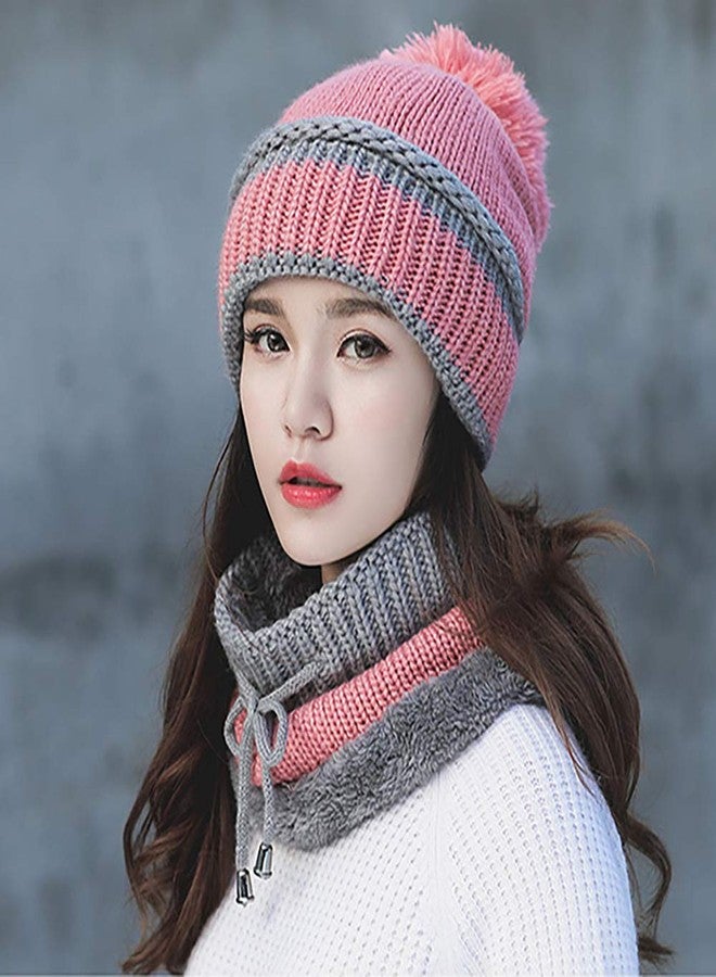 techcity 3 in 1 Warm Thick Knitted Beanie Hat Scarf and Mask Set Slouchy Snow Knit Cap Infinity Scarves for Women (Pink) - Image 5
