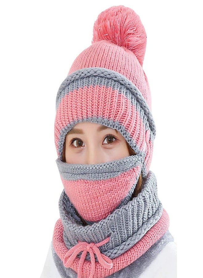 techcity 3 in 1 Warm Thick Knitted Beanie Hat Scarf and Mask Set Slouchy Snow Knit Cap Infinity Scarves for Women (Pink) - Image 1