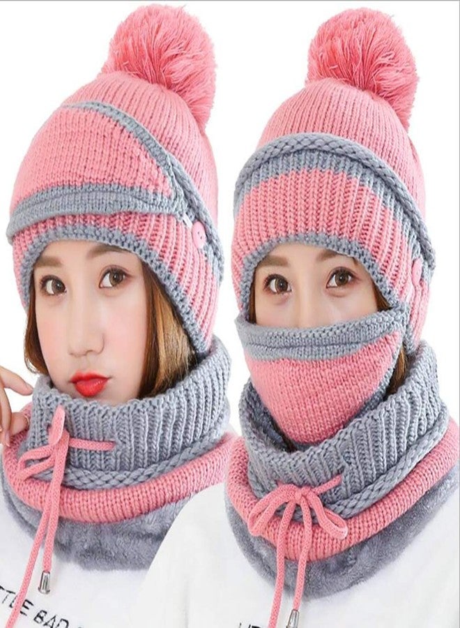 techcity 3 in 1 Warm Thick Knitted Beanie Hat Scarf and Mask Set Slouchy Snow Knit Cap Infinity Scarves for Women (Pink) - Image 2