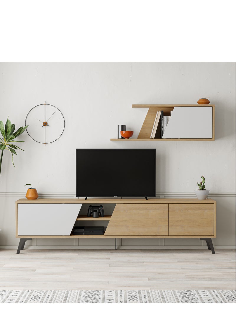 Mourah Home Fiona Tv Unit Up To 70'' Inch Tvs With Shelf 3Door And 2Tier Storage | Tv Cabinet For Living Room| 180X35.6X48 Cm| Oak White  - Image 1
