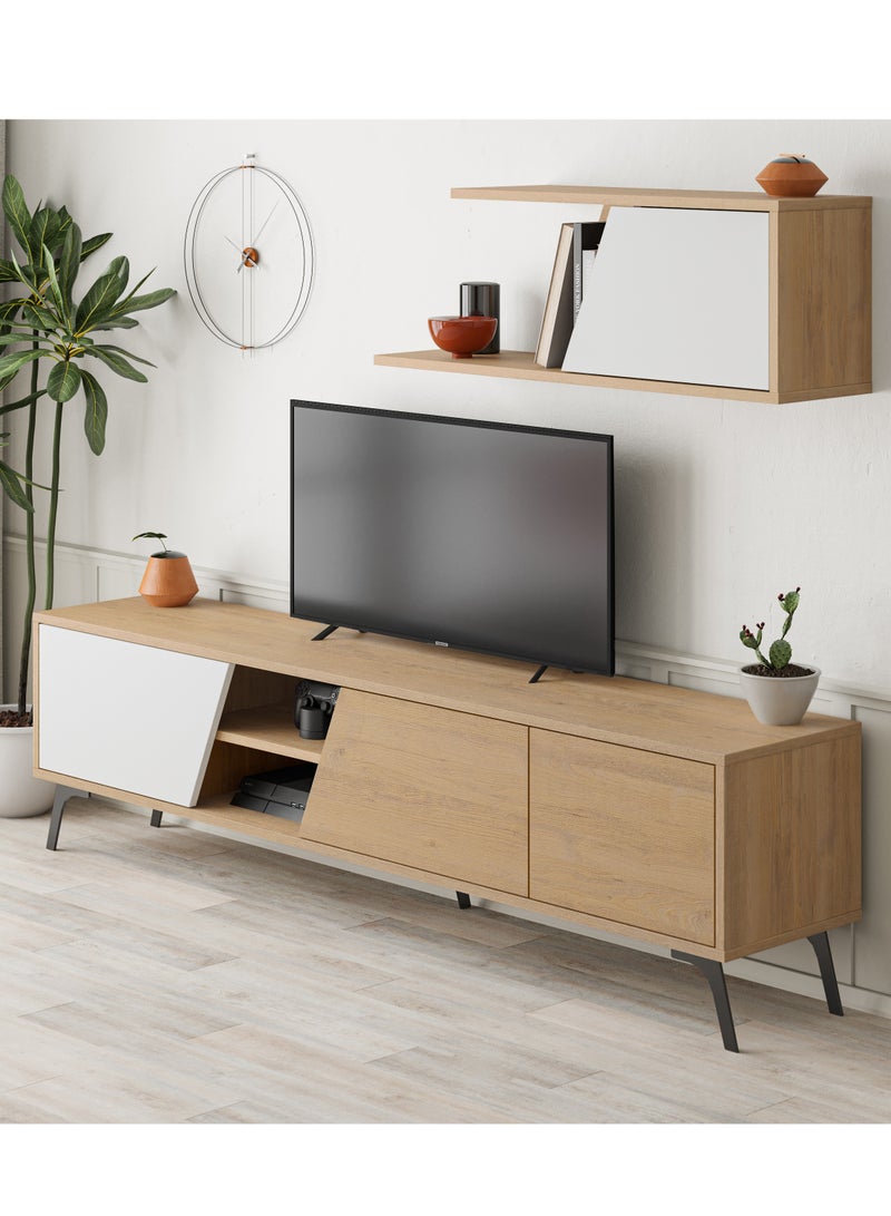 Mourah Home Fiona Tv Unit Up To 70'' Inch Tvs With Shelf 3Door And 2Tier Storage | Tv Cabinet For Living Room| 180X35.6X48 Cm| Oak White  - Image 2
