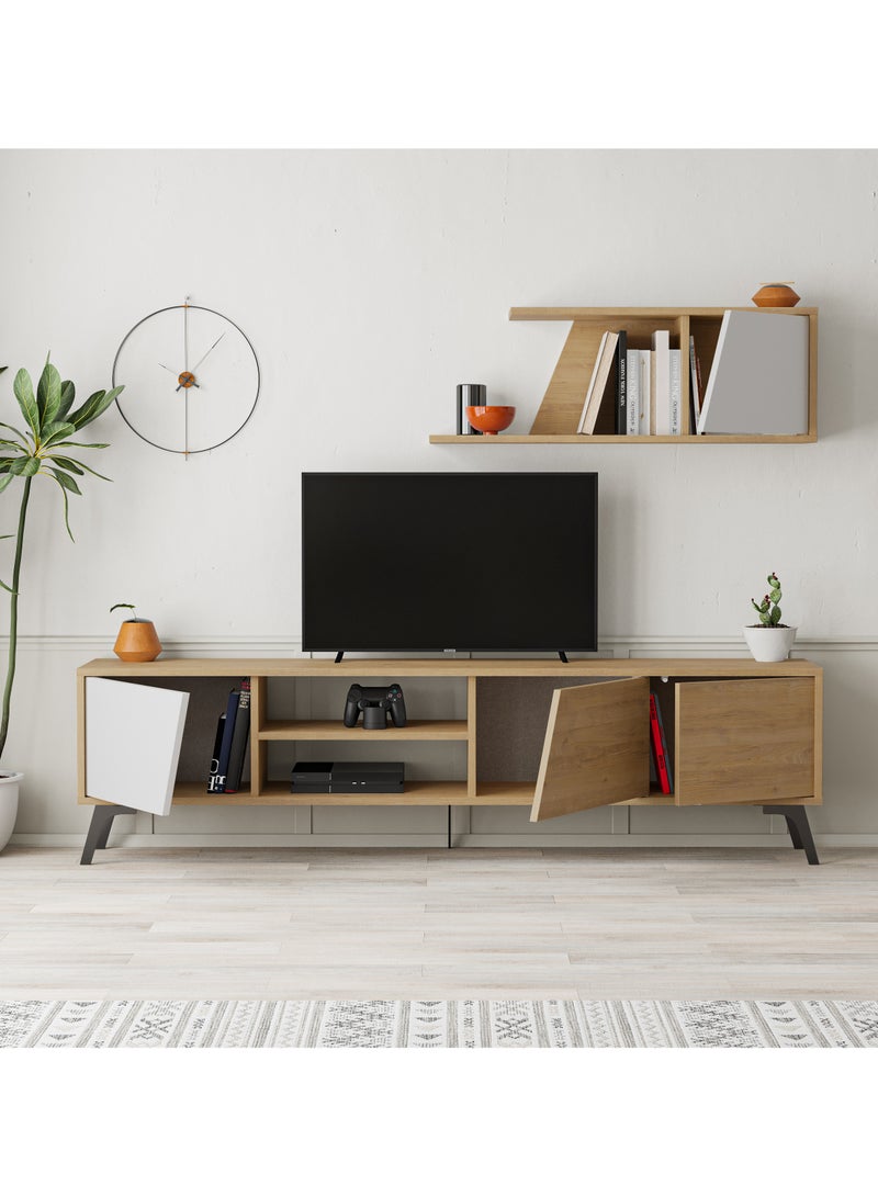 Mourah Home Fiona Tv Unit Up To 70'' Inch Tvs With Shelf 3Door And 2Tier Storage | Tv Cabinet For Living Room| 180X35.6X48 Cm| Oak White  - Image 3