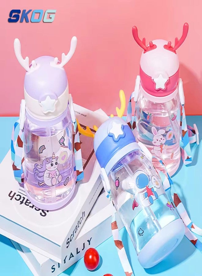سكوج زجاجة ماء كرتونية للأطفال | شكل لطيف مع ماصة | زجاجة شرب مقاومة للانسكاب للأطفال أثناء ممارسة الرياضة (وردي) - Image 4