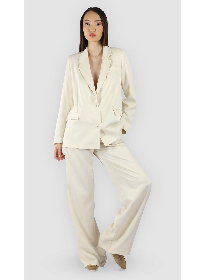 KYVELi Women’s Two-Piece Tailored Suit Set – Buttoned Blazer & Wide-Leg Pants – Off White - Image 1