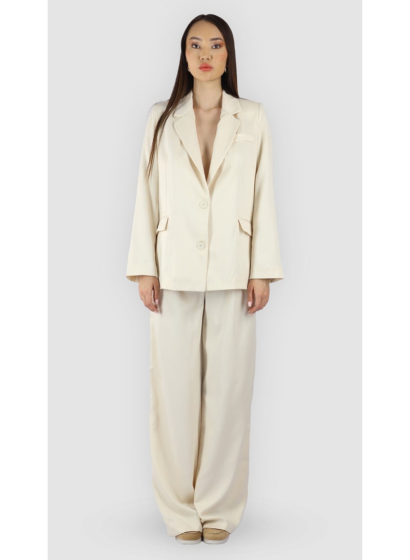 KYVELi Women’s Two-Piece Tailored Suit Set – Buttoned Blazer & Wide-Leg Pants – Off White - Image 2
