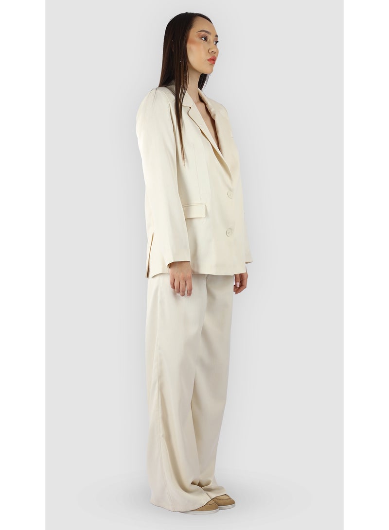 KYVELi Women’s Two-Piece Tailored Suit Set – Buttoned Blazer & Wide-Leg Pants – Off White - Image 3