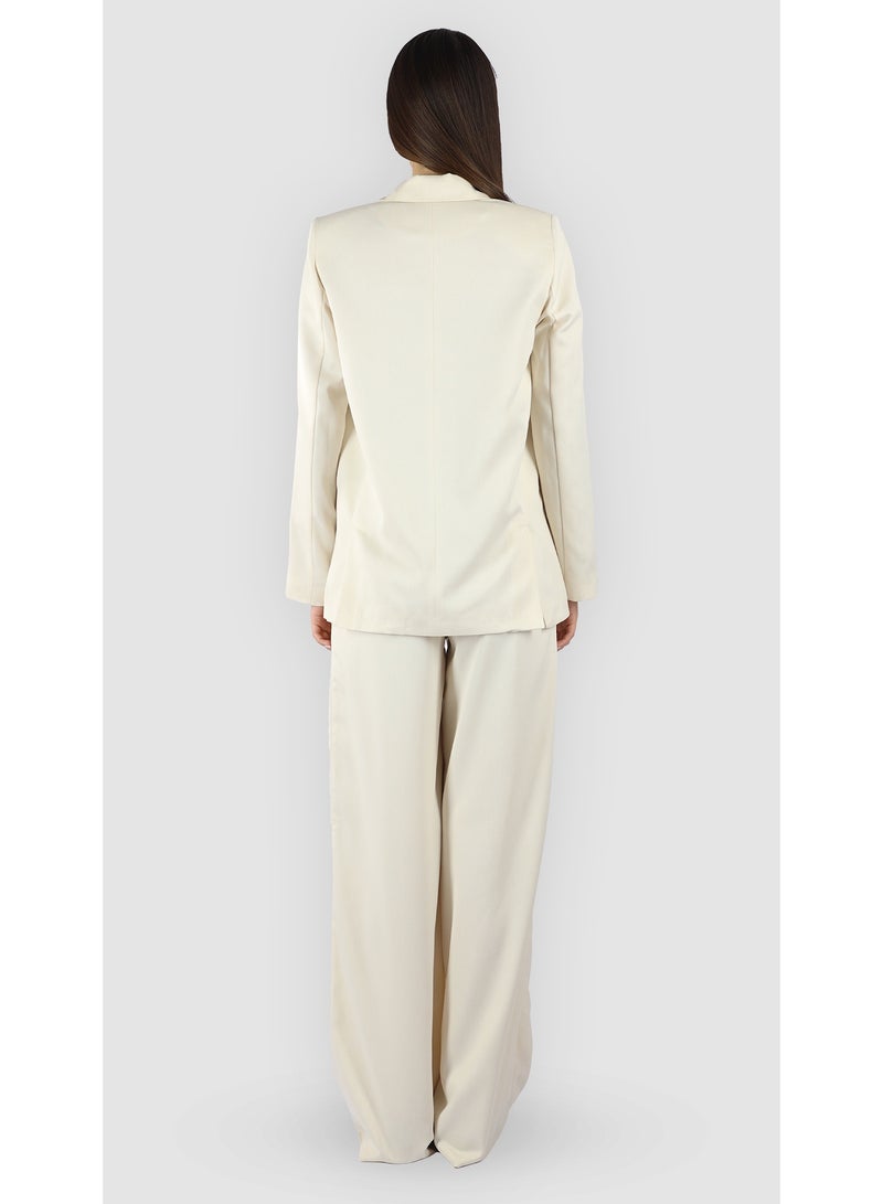 KYVELi Women’s Two-Piece Tailored Suit Set – Buttoned Blazer & Wide-Leg Pants – Off White - Image 5