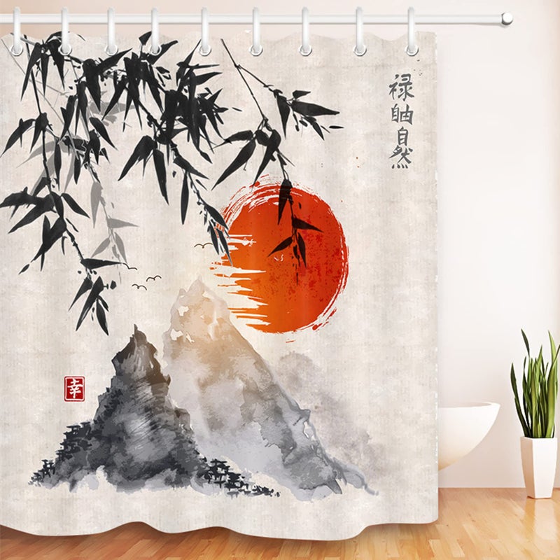 LB Japanese Shower Curtain Black Bamboo Bath Curtain Red Sun and Mountains Asian Ink Painting Anime Bathroom Curtain Set with Hooks72x72 Inch Waterproof Fabric