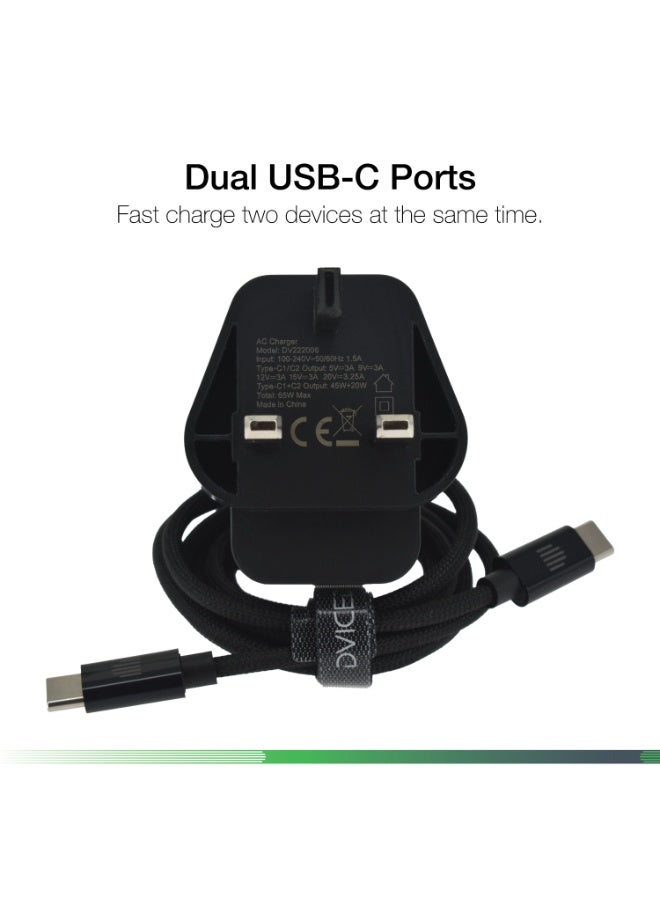 Dviced Wall charger and cable  with 65W GaN and 2 USB-C ports  UK plug - Black - Image 3
