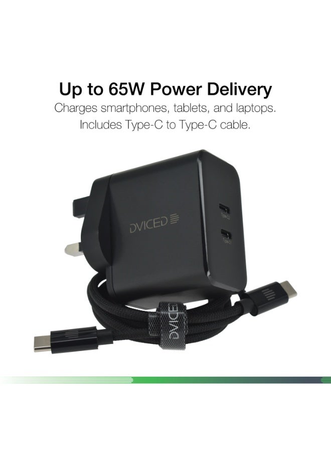 Dviced Wall charger and cable  with 65W GaN and 2 USB-C ports  UK plug - Black - Image 2