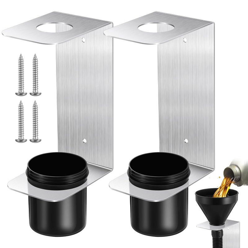 Yaocom 2 Sets Aluminum Oil Funnel Holder Storage Rack Include 2 Pcs Mounting Bracket with 4 Screws 2 Plastic Removable Cups for Trailer Fluid Oil Filter use Organizer House Automotive Garage Shop