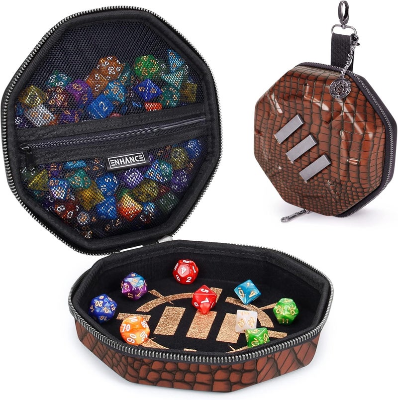 ENHANCE DND Dice Tray and Case - Collector's Edition DND Dice Holder up to 150 D&D Shakers with Hard Shell Exterior and Protective Soft Interior - Rolling Tray Perfect for Game Night (Dragon Brown) - Image 1