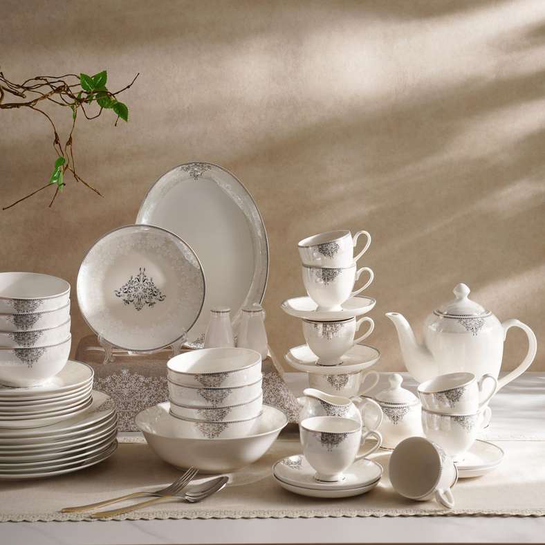 Pan Home طقم عشاء من 49 قطعة من البورسلين الجديد - أبيض