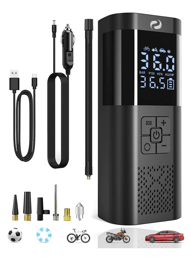 Tire Inflator Portable Air Compressor, Portable Air Pump with Pressure Gauge, Electric Tire Pump Battery 150PSI 12V DC, Cordless Tire Inflator with LED for Car Motorcycle Bicycle Ball - Image 1