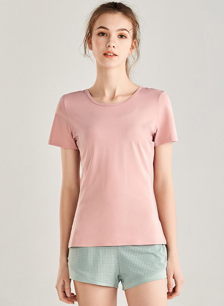 Casual Round neck Solid color Hollow out Regular sleeve T-Shirts Pink - Image 4