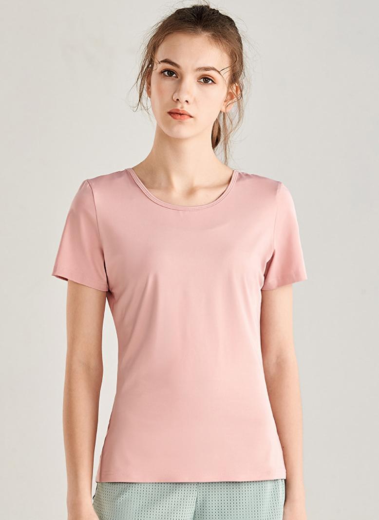 Casual Round neck Solid color Hollow out Regular sleeve T-Shirts Pink - Image 1
