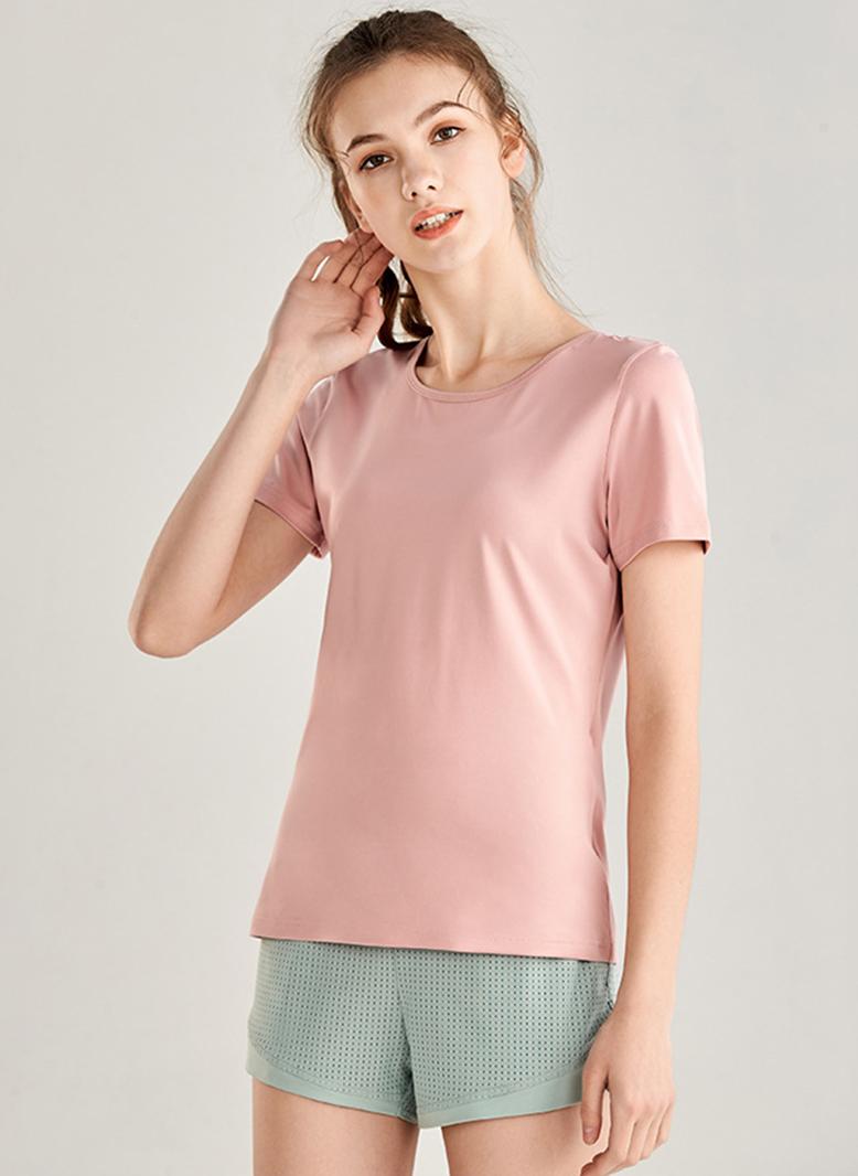 Casual Round neck Solid color Hollow out Regular sleeve T-Shirts Pink - Image 3