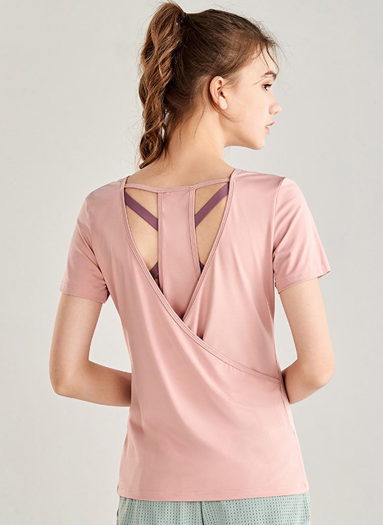 Casual Round neck Solid color Hollow out Regular sleeve T-Shirts Pink - Image 2