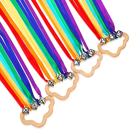 Aoriher 4 Pieces Rainbow Hand Ribbon Kite with Bells Wind Wand Dancing Ribbon Streamer Cloud Wood Sensory Toys Wooden Educational Toy for Party Birthday Rainbow Colors - Image 1