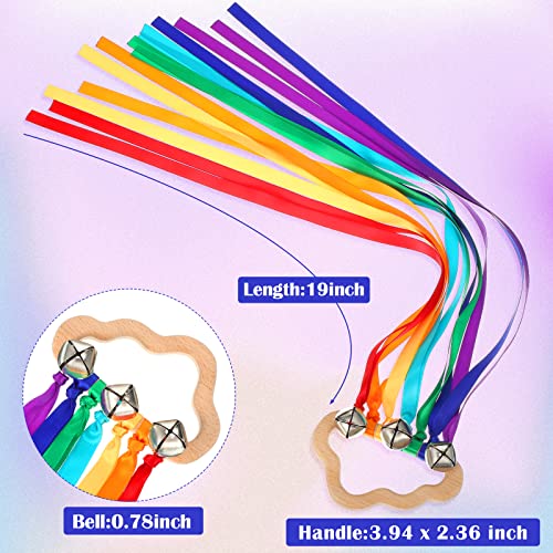 Aoriher 4 Pieces Rainbow Hand Ribbon Kite with Bells Wind Wand Dancing Ribbon Streamer Cloud Wood Sensory Toys Wooden Educational Toy for Party Birthday Rainbow Colors - Image 5