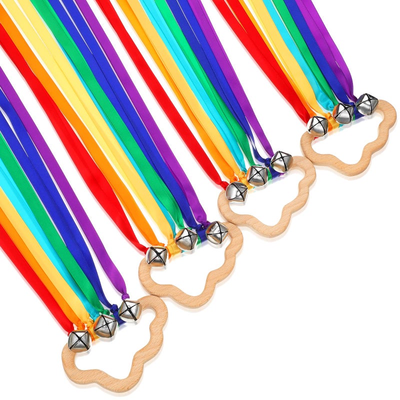 Aoriher 4 Pieces Rainbow Hand Ribbon Kite with Bells Wind Wand Dancing Ribbon Streamer Cloud Wood Sensory Toys Wooden Educational Toy for Party Birthday Rainbow Colors - Image 3