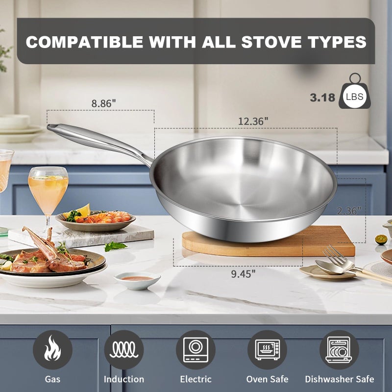 EWFEN 12 Inch Tri-Ply Stainless Steel Frying Pan, Compatible with All Cooktops Up to 600â„‰, Large Frying Pan Induction-Ready Skillet, Dishwasher and Oven Safe, Even Heat, 12" Skillet - Image 5