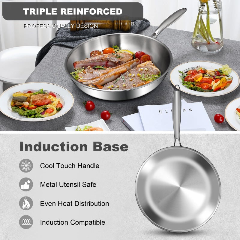 EWFEN 12 Inch Tri-Ply Stainless Steel Frying Pan, Compatible with All Cooktops Up to 600â„‰, Large Frying Pan Induction-Ready Skillet, Dishwasher and Oven Safe, Even Heat, 12" Skillet - Image 3