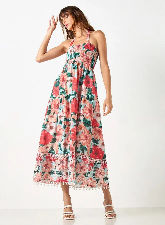 2Xtremz 2Xtremz All-Over Floral Print Halter Dress with Shirred Detail