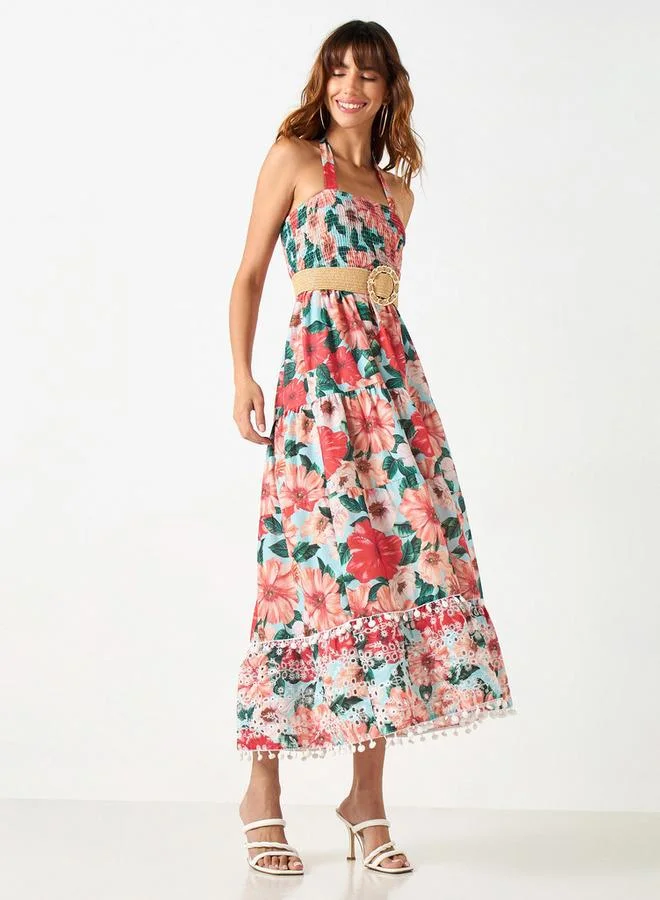 2Xtremz 2Xtremz All-Over Floral Print Halter Dress with Shirred Detail
