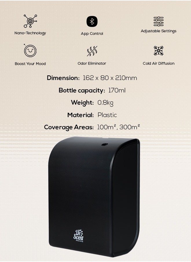 Dr Scent Essential Oil Diffuser – Elegant | Sophisticated Design, 100m²-300m³ Coverage, Bluetooth & App Control, Infuses Fragrance to Enhance Your Environment (Black)