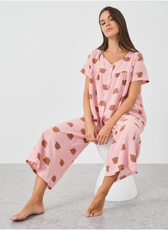 ستايلي Styli Women Pink All-Over Teddy Print Button Front Shirt and Pyjama Set