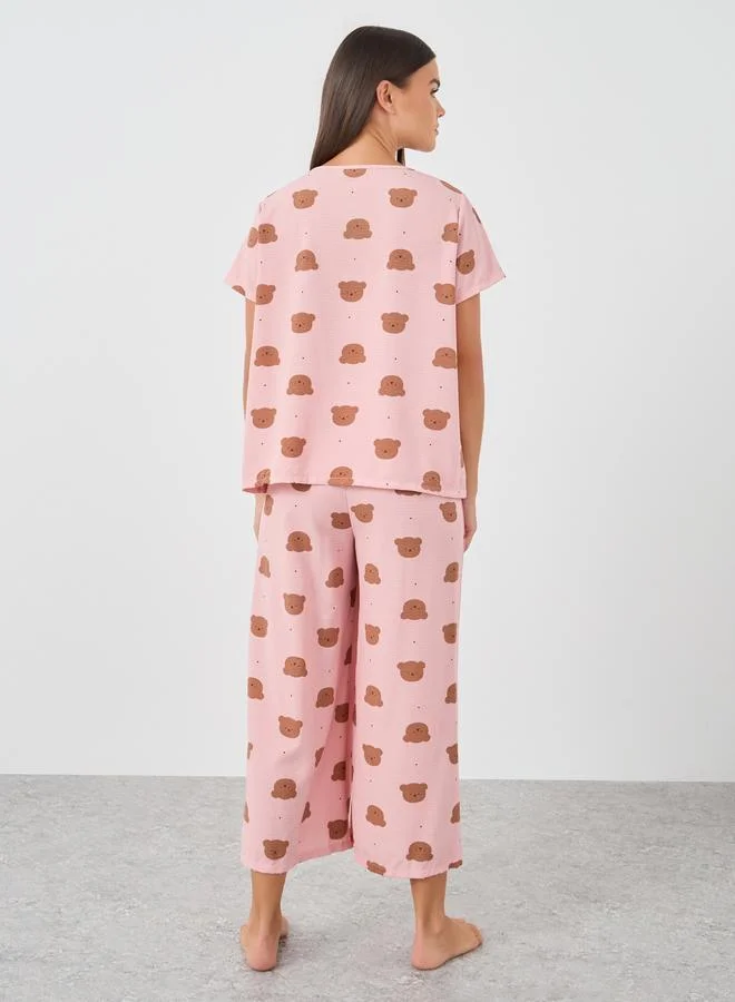 Styli Styli Women Pink All-Over Teddy Print Button Front Shirt and Pyjama Set