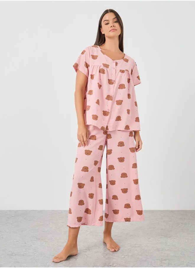 ستايلي Styli Women Pink All-Over Teddy Print Button Front Shirt and Pyjama Set