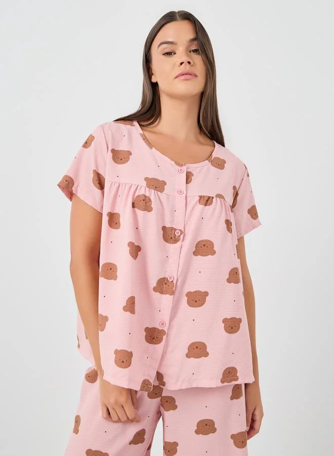 Styli Styli Women Pink All-Over Teddy Print Button Front Shirt and Pyjama Set