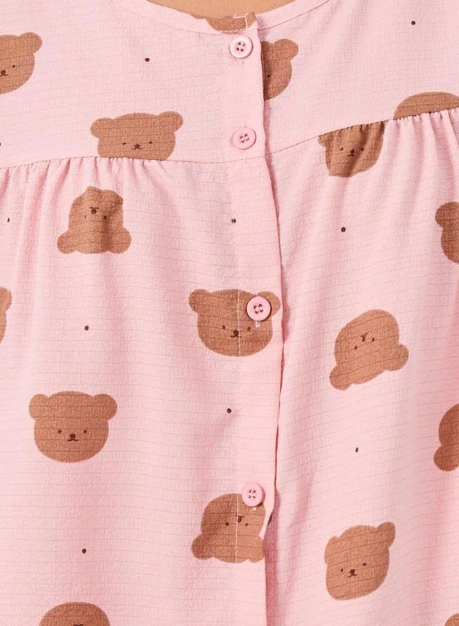 Styli Styli Women Pink All-Over Teddy Print Button Front Shirt and Pyjama Set