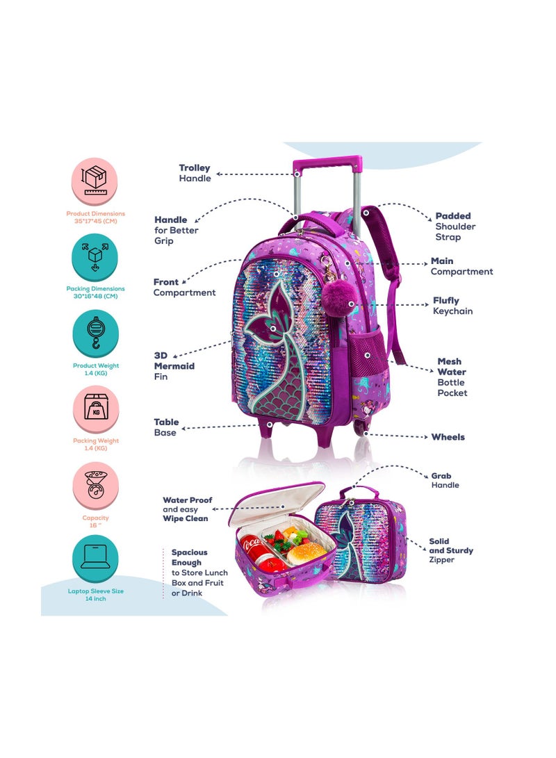 Eazy Kids إيزي كيدز - مجموعة من 3 حقائب مدرسية بعجلات مقاس 16 بوصة وحقيبة غداء ومقلمة حورية البحر - أرجواني - Image 3
