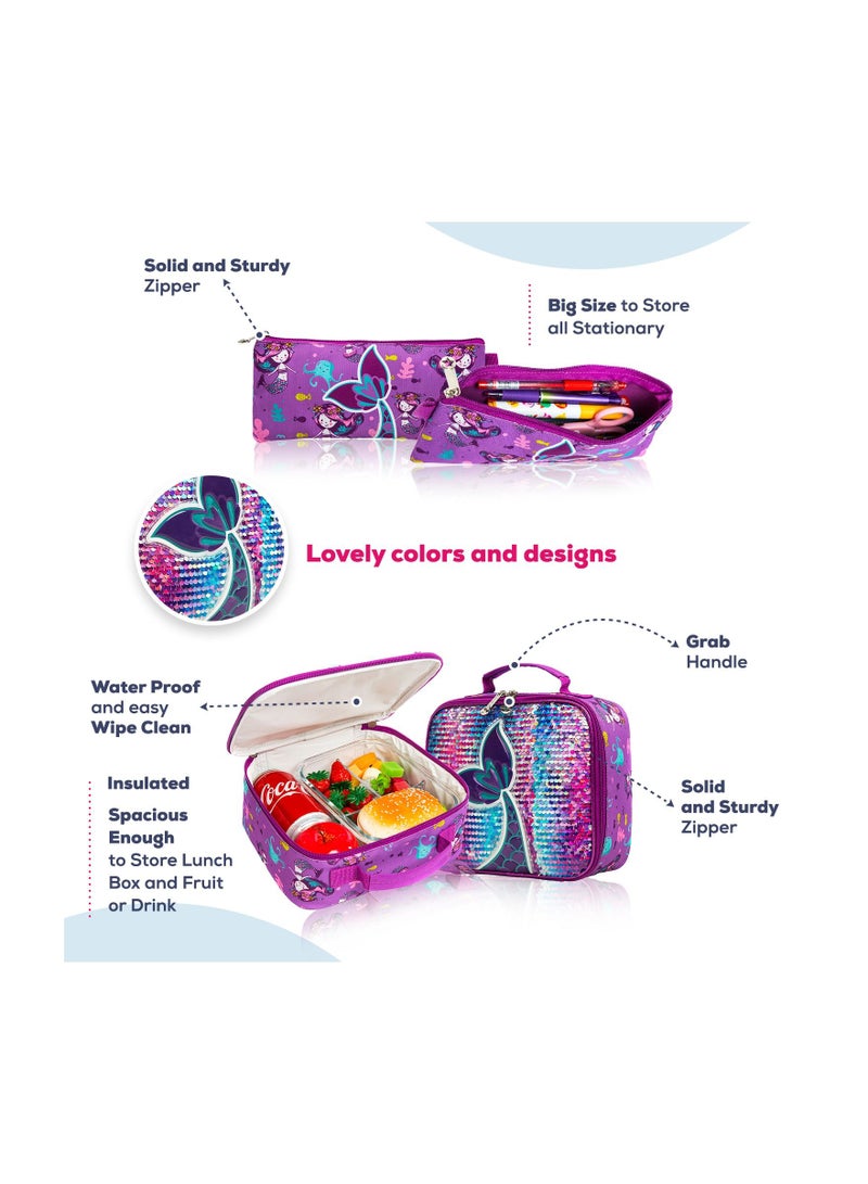 Eazy Kids إيزي كيدز - مجموعة من 3 حقائب مدرسية بعجلات مقاس 16 بوصة وحقيبة غداء ومقلمة حورية البحر - أرجواني - Image 4