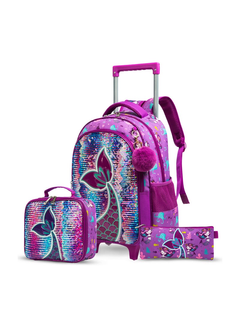 Eazy Kids إيزي كيدز - مجموعة من 3 حقائب مدرسية بعجلات مقاس 16 بوصة وحقيبة غداء ومقلمة حورية البحر - أرجواني - Image 1