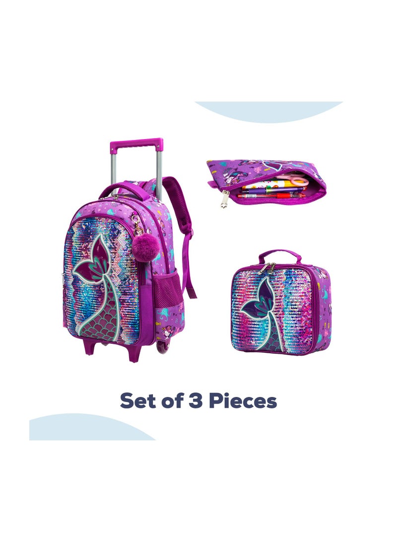 Eazy Kids إيزي كيدز - مجموعة من 3 حقائب مدرسية بعجلات مقاس 16 بوصة وحقيبة غداء ومقلمة حورية البحر - أرجواني - Image 2