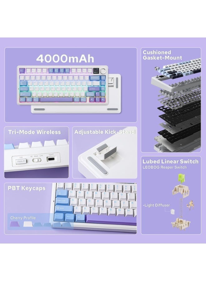 ابوماكر لوحة مفاتيح الألعاب اللاسلكية ثلاثية الأوضاع F75 ، شاشة TFT، زر تحكم، قابلة للتبديل السريع، 2.4 جيجاهرتز/Type-C/BT5.0، حشوة مطاطية، لأجهزة الكمبيوتر الشخصية/ماك/المكتب/الألعاب (أزرق وأبيض وبنفسجي) - Image 4