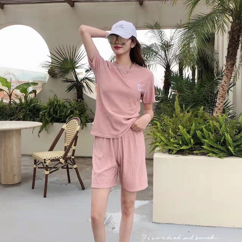 Chic Letter Print Pleated Sleeve Short Set Leather powder  - Image 1