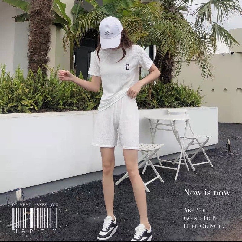 Chic Letter Print Pleated Sleeve Short Set Leather powder  - Image 4
