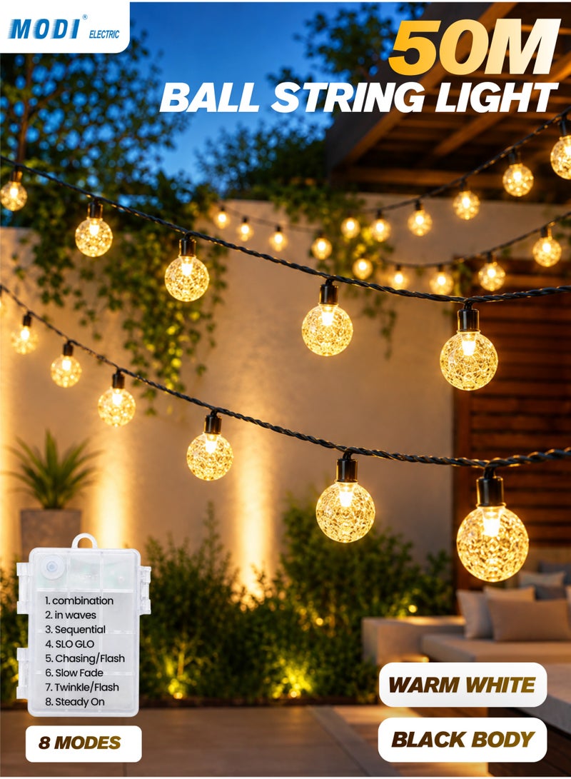 MODI 50 Meter 360LED Outdoor Warm Color Ramadan Ball String Lights with 8 Lighting Modes - Black Wire, 20W IP44 Waterproof Warm White Crystal  – Eid, Ramadan, Christmas, Camping, Diwali Decor Lights - Image 1