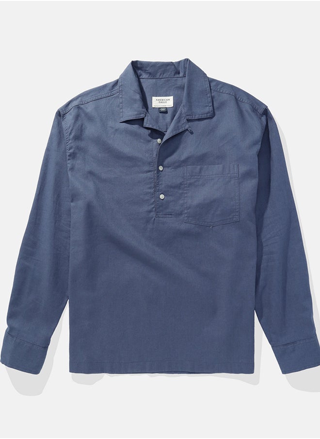 American Eagle - Long-Sleeve Linen-Blend Popover Shirt - Image 1