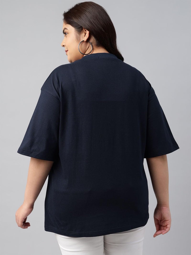 JUNEBERRY® 100% Pure Cotton Oversized Baggy Fit Cool Front Chest Graphic Printed Half Sleeve Plus Size T-Shirt for Women & Girls (JB_PS_JBORGNL_NVY_XXL) - Image 3