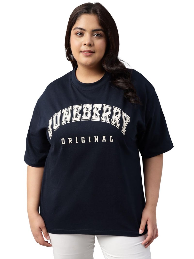 JUNEBERRY® 100% Pure Cotton Oversized Baggy Fit Cool Front Chest Graphic Printed Half Sleeve Plus Size T-Shirt for Women & Girls (JB_PS_JBORGNL_NVY_XXL) - Image 1