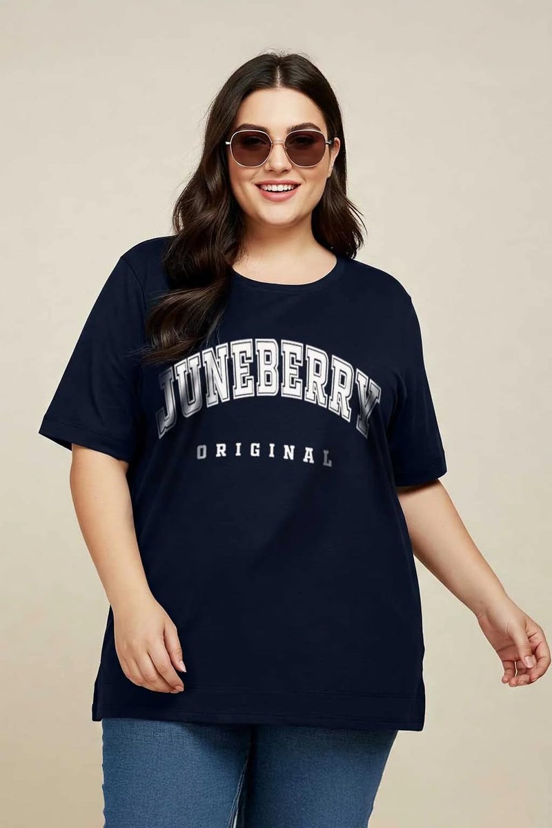 JUNEBERRY® 100% Pure Cotton Oversized Baggy Fit Cool Front Chest Graphic Printed Half Sleeve Plus Size T-Shirt for Women & Girls (JB_PS_JBORGNL_NVY_XXL) - Image 2