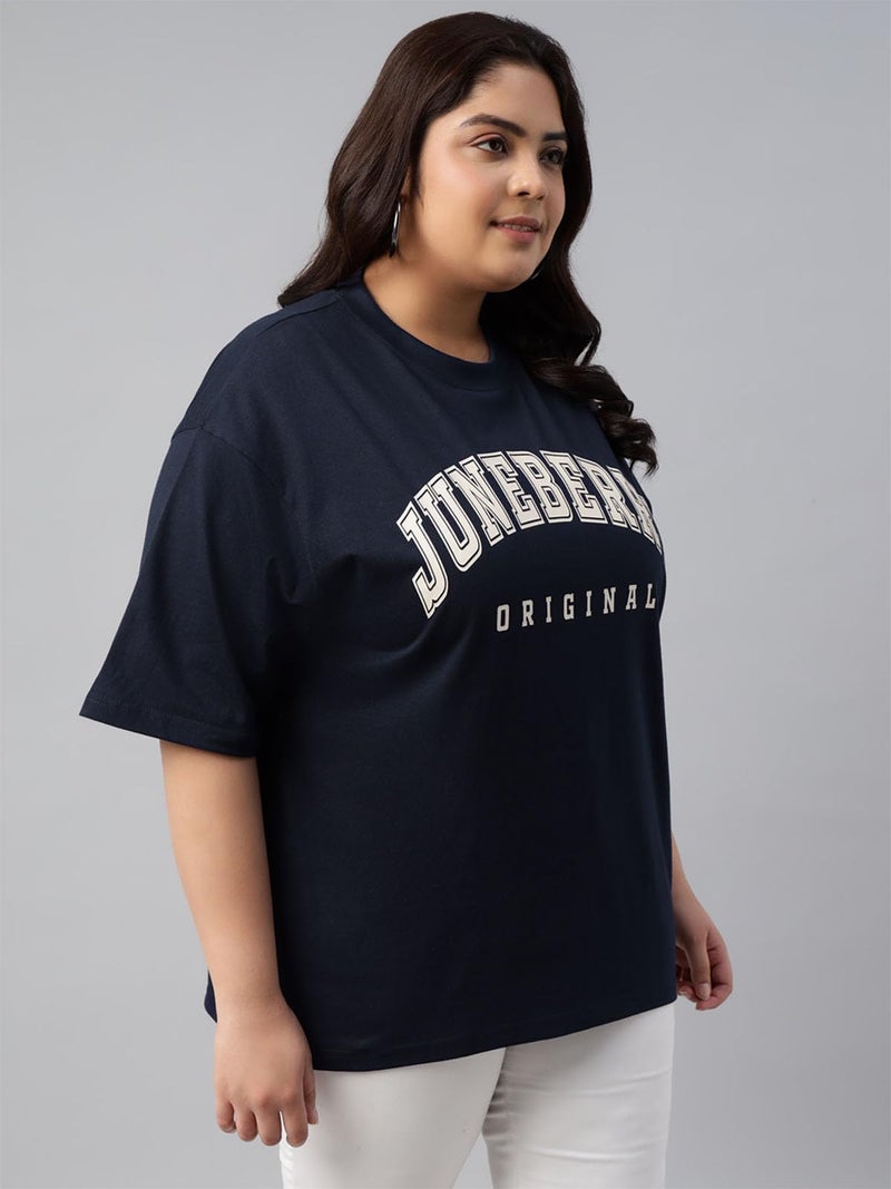JUNEBERRY® 100% Pure Cotton Oversized Baggy Fit Cool Front Chest Graphic Printed Half Sleeve Plus Size T-Shirt for Women & Girls (JB_PS_JBORGNL_NVY_XXL) - Image 5