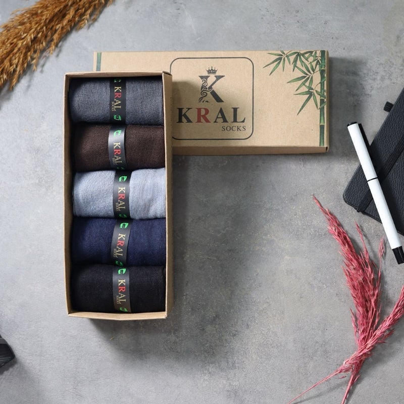 Kral Socks Bamboo Men's Socks Classic Socket Plain Long Summer Seamless 5-Piece Boxed Premium Set  - Image 1